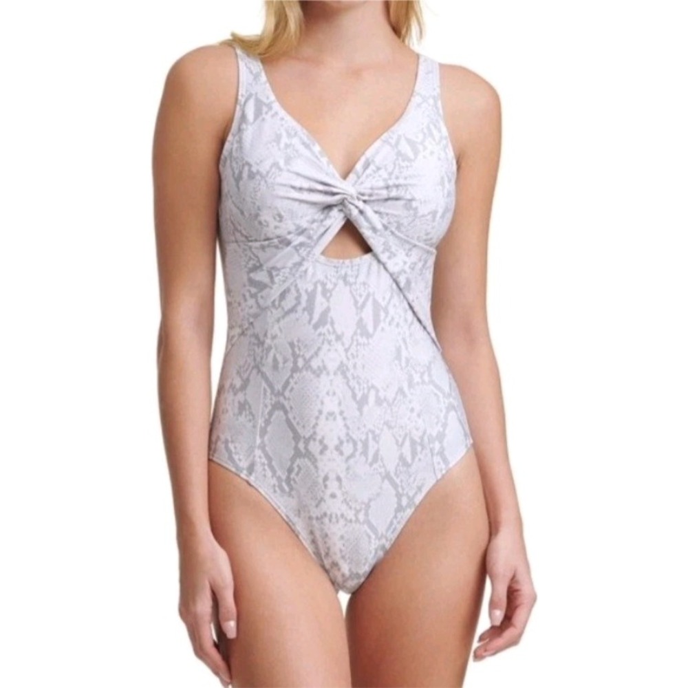 DKNY Womens Snakeskin Twist Front One Piece Swimsuit Grey White Size 10 NWT $118